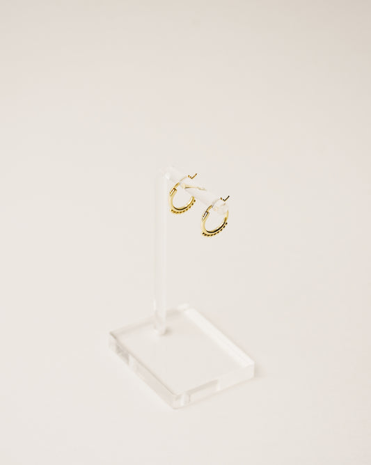 beaded mini hoop earrings handcrafted from 925 sterling silver plated in 18k gold. 2020 slow fashion trend.